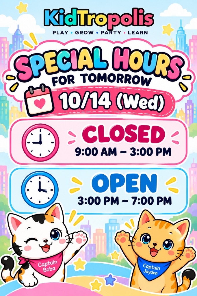 Special Hours for Wednesday 10/14: Closed 9:00 AM - 3:00 PM, Open 3:00 PM - 7:00 PM
